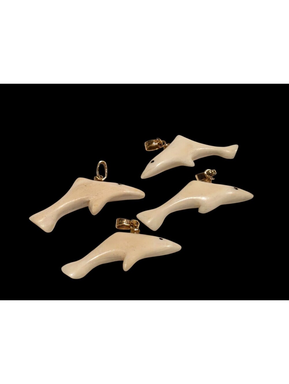 Hand Carved White Bone Dolphin Pendants Lot of 4 Charms Gold Bails 35mm 7.3g